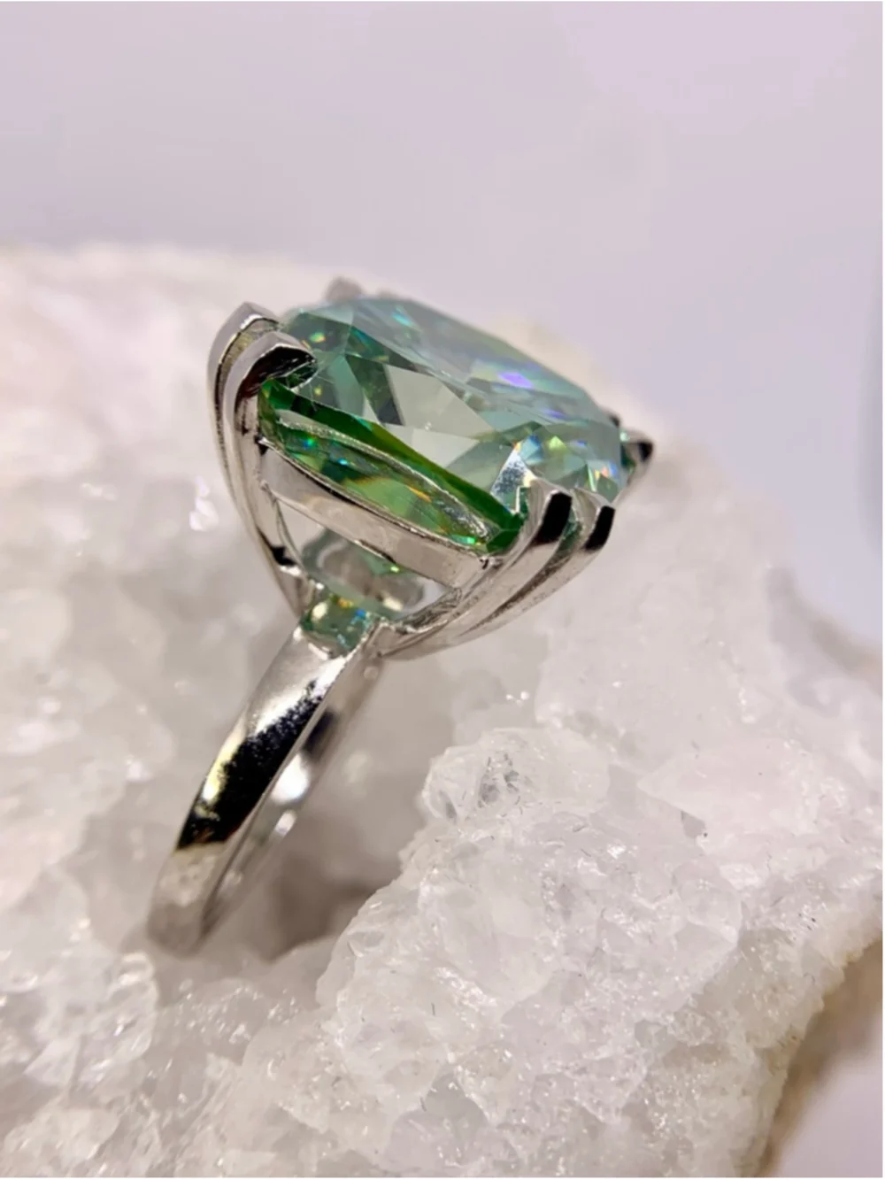 Huge Cushion Cut Moissanite Ring Vivid Blue Green 925 Silver 22 Ct Cocktail Ring